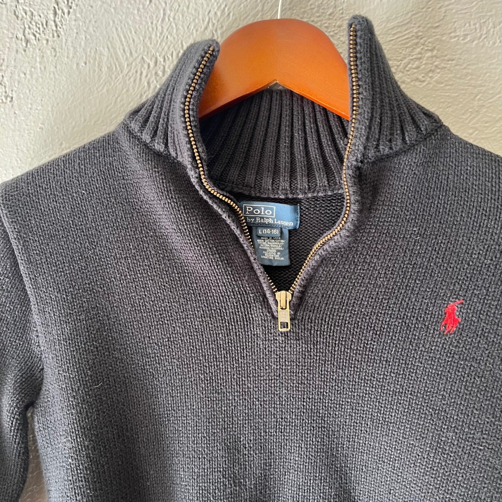Polo Ralph Lauren Boys Navy Blue Cotton Quarter Zip Sweater L 14-16 Red Pony